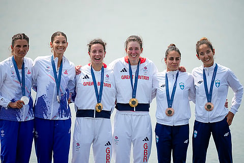 Women's lightweight double sculls rowing: Romania's Ionela Livia Cozmiuc and Gianina Elena van Groningen (Silver), Britain's Emily Craig and Imogen Grant (Gold) and Greece's Dimitra Kontou and Zoi Fitsiou (Bronze) 